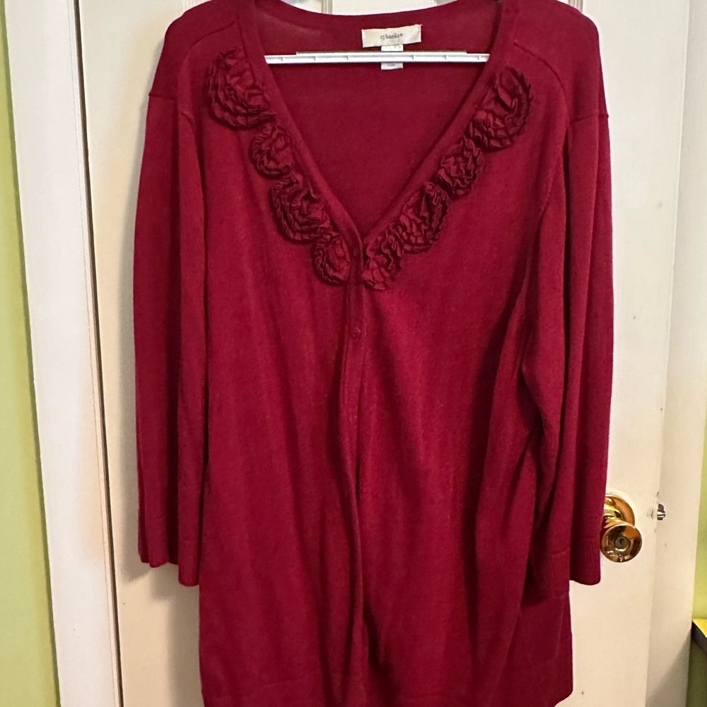 CJ Banks Deep Red Cardigan with Floral Details